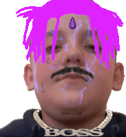 a drawing of a man with purple hair and a boss necklace