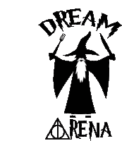 a black and white wizard holding a fork and knife with the words dream arena below him