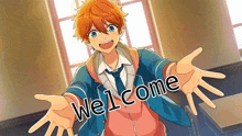 a boy in a school uniform is standing in a room with his arms outstretched and says welcome .