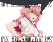 a picture of a girl with pink hair and the words " i 'm not actually gay "