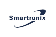 a smartronix logo with a blue arrow on a white background