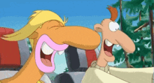 two cartoon characters are laughing in a car with their mouths open .