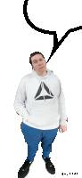 a man wearing a white reebok hoodie with a speech bubble above his head