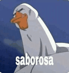 a cartoon duck with an orange beak is sitting on a rock with the word saborosa written on it .