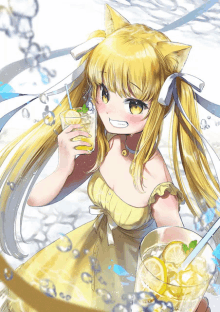 a girl with blonde hair and cat ears is drinking a lemonade