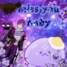 a purple background with the words " miss you baby " on top