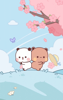 a couple of bears standing next to each other under a tree with pink flowers