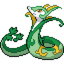 a pixel art drawing of a green snake with a yellow head and wings .