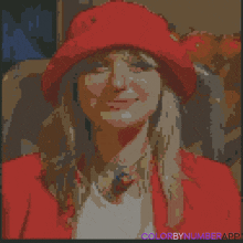 a pixel art of a woman wearing a red hat and a white shirt