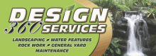 a sign for design 360 services shows a waterfall in the background