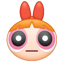 a cartoon character with orange hair and pink eyes has a bow on her head