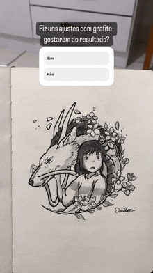 a black and white drawing of a girl and a dragon with the words " fiz uns ajustes com grafite gostaram do resultado " above it