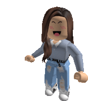 a cartoon girl wearing a blue shirt and ripped jeans is laughing