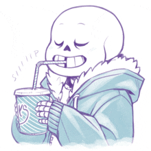 a drawing of a skeleton drinking through a straw from a cup that says ks