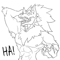 a black and white drawing of a werewolf with the word ha on the bottom right