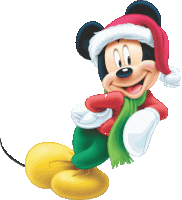 mickey mouse wearing a santa hat and scarf with his tongue out