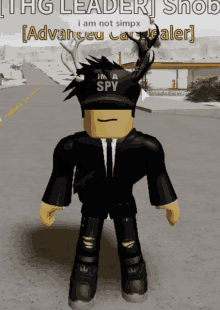 a roblox character is wearing a black hat that says i 'm a spy