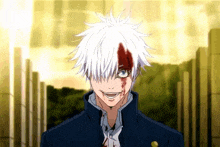 a man with white hair and a bloody face is smiling .