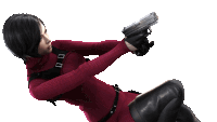 a woman in a red sweater is laying down holding a gun