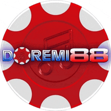 a red and white poker chip with doremi88 written on it