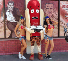 two women standing next to a hot dog mascot with the letter w on his face