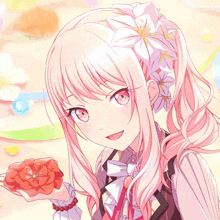 a girl with pink hair is holding a flower