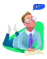 a cartoon drawing of a man laying on the floor writing in a notebook