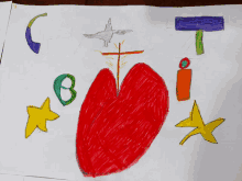 a child 's drawing of a red heart with a cross and letters