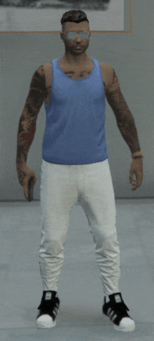 a man wearing a blue tank top and white pants holds a gun