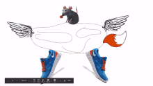 a drawing of a mouse with wings and a fox 's tail on top of a pair of blue nike shoes