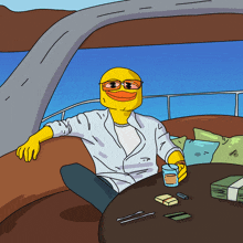 a cartoon drawing of a yellow duck sitting on a couch holding a glass of water