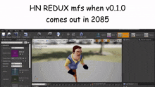 a computer screen with a cartoon character and the words hn redux mfs when v0.1.0 comes out in 2085