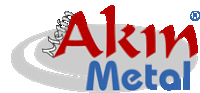 a logo for akm metal is shown in red and blue on a white background