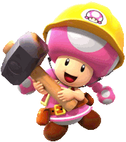 a pink toad wearing a yellow hard hat holds a hammer