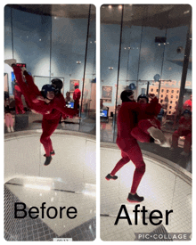 a before and after photo of a person flying through a net