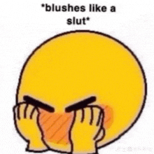 a yellow smiley face with a caption that says `` blushes like a slut '' covering its face with its hands .