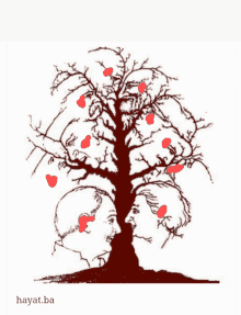 a drawing of a man and woman under a tree with red hearts on it