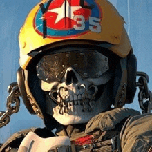 a skull is wearing a helmet and goggles and a military uniform .