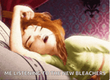 a cartoon of a woman laying on a bed with the words me listening to the new bleachers