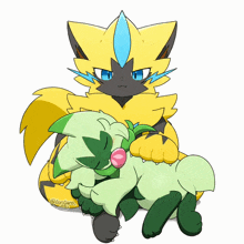 a drawing of a yellow and black pokemon with a green pokemon laying on top of it