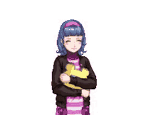 a pixel art drawing of a girl holding a stuffed animal .