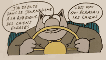 a cartoon of a cat driving a car with a speech bubble that says j'ai debute dans le journalism