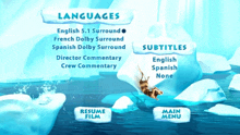 a screenshot of a movie menu shows languages and subtitles