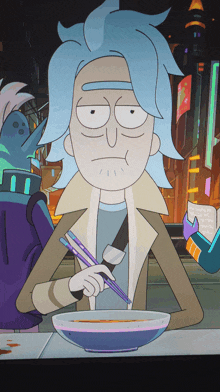 rick from rick and morty eating a bowl of soup with chopsticks