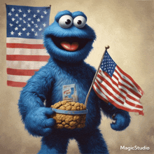 a cookie monster is holding a bag of cookies and an american flag