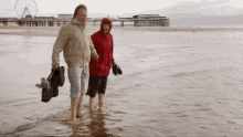 a man and a woman walking on a beach with a ferris wheel in the background and a sign that says adult swim