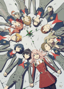 a group of anime characters are laying in a circle and one of them has a pink haired girl