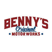 a logo for benny 's original motor works in red and blue