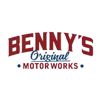 a logo for benny 's original motor works in red and blue