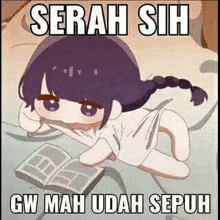 a girl is laying on a bed reading a book and a meme .